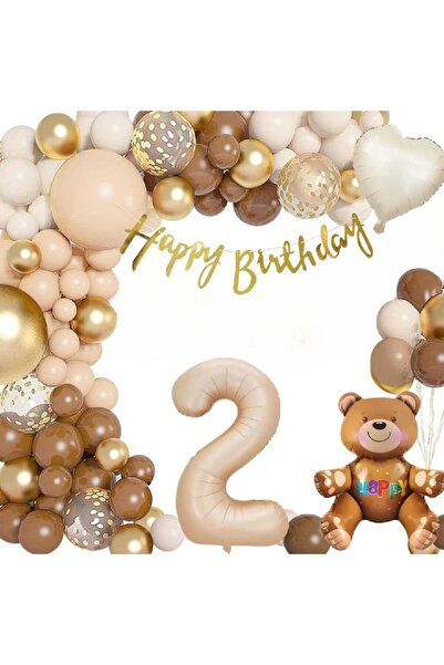 Genel Markalar Ayıcık Folyolu Yaş Balonlu 2 Yaş Erkek Kız Çocuğu Dekorasyon Doğum günü Parti Seti Süsü