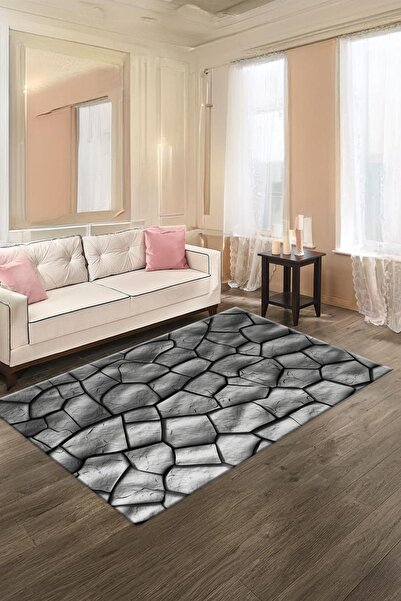 MODANOİVA Dijital Baskılı Taş Desenli  Makinada Yıkanabilir Salon ve Yolluk H...