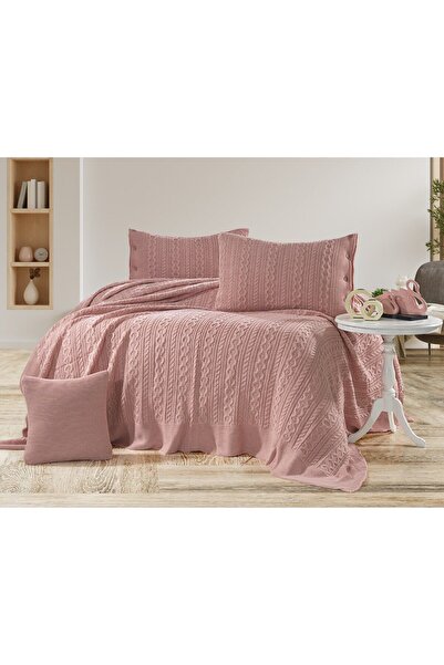 YGT Home Su 4 Parça Çift Kişilik Tirko Örgülü Yatak Örtüsü Takımı Pudra | 240 X 260
