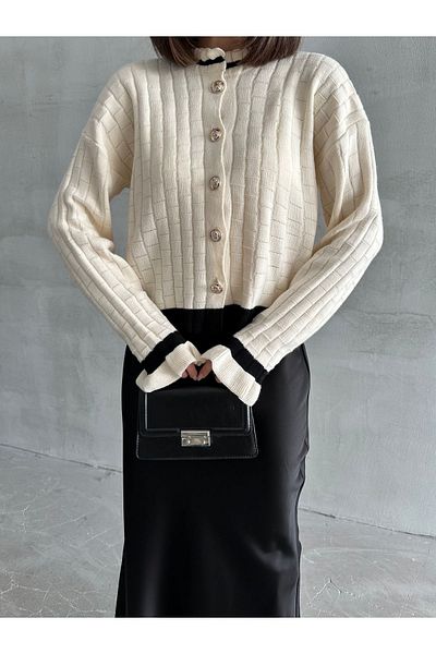 NATUFIAN STORE Black and White Women's Knitwear Cardigan - Loose Ankle Design