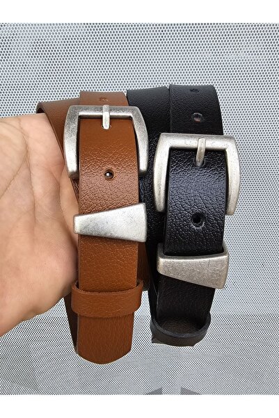 Kemerix Black-Tan 2-Piece Belt Set - 100% Genuine Leather, Tin Coating and Buckle Detailed