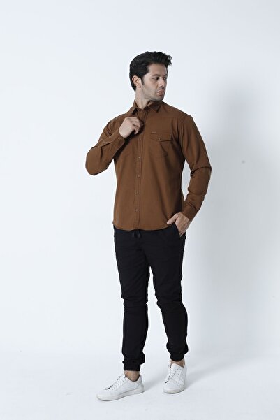 Cordial Мъжка памучна риза с двоен джоб и капак, кафява, есенно-зимна