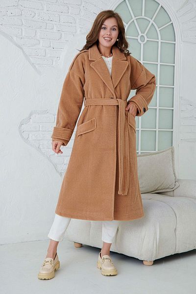 WOMAN VISION Γυναικείο παλτό Camel Midi-Length - Διπλό γιακά, Ζώνη, Μακρυμάνικο, Ανοιχτό ώμο, Φόδρα 9002