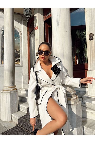 1Moda1Tarz Γυναικείο παλτό με λεπτομέρεια λευκού τριαντάφυλλου - πέτο πουκάμισου, τσέπες και επένδυση