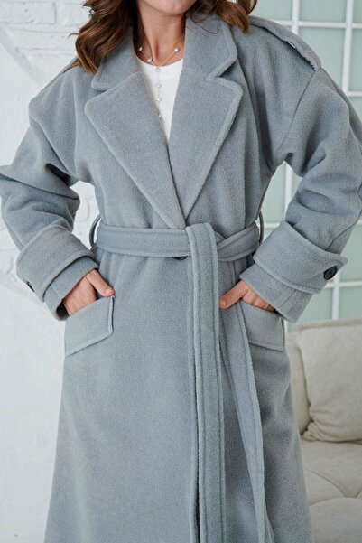 WOMAN VISION Γκρι παλτό Midi - Διπλό γιακά, Ζώνη, Μακρυμάνικο, Ανοιχτό Ώμο, Φόδρα 9002