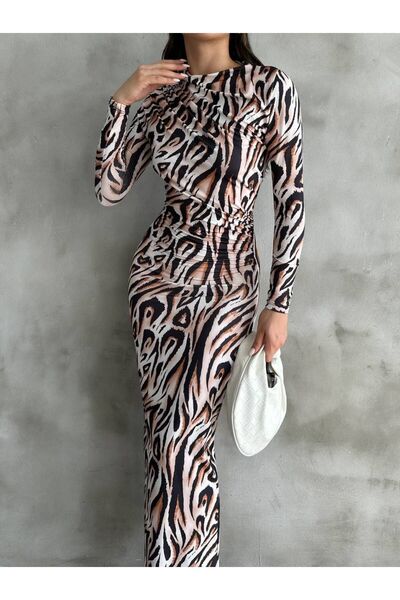 buqre's moda Rochie maxi la modă cu imprimeu leopard - Gât pe jumătate