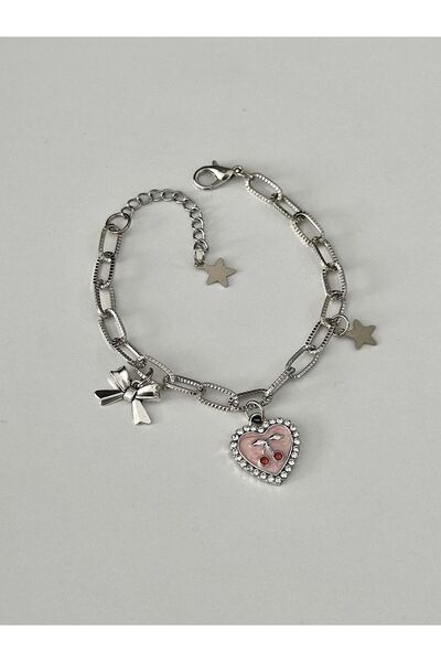 sleyshop Kalın Zincirli Coquette Pembe Taşlı Kalp Kiraz Bileklik