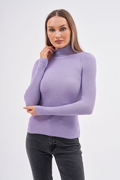 Butik Serdivan سترة نسائية محبوكة بنصف الياقة المدورة باللون الأرجواني - اتجا...