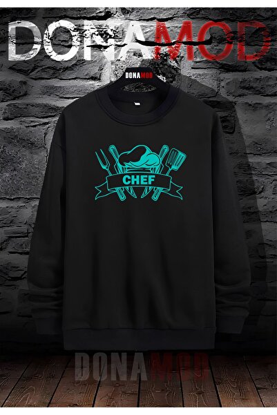 donamod Hanorac negru cu gât de ciclism Chef - Bucătar Mâncare Restaurant Angajat Chelner Cuțit Furculiță Linguriță Aromă