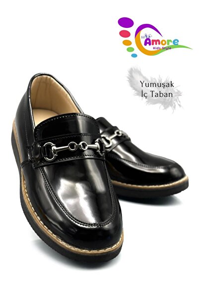 sermoda حذاء مدرسي من الجلد باللون الأسود للأولاد - مزين بجسر وإبزيم