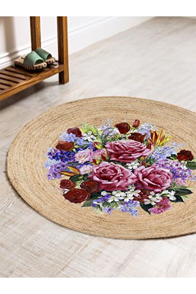kilim home Boho 919 Floral Patterned Round Natural Color Double Sided Carpet ...
