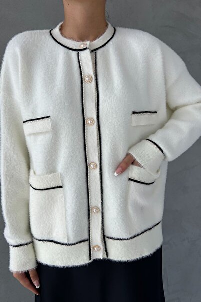 Seda Yalçın Atelier Ecru and Black Striped - Glitter Cardigan with Pockets