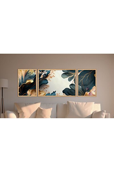 huhuli Beyaz Ahşap Çerçeveli 3 Parça Tablo Seti - Modern Salon Duvar Dekoru H...