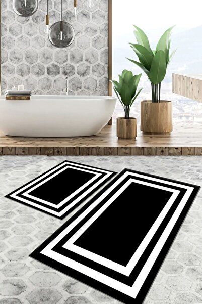 G&C HOME Dijital Baskılı Su Emici Gri Tonlu İkili Banyo Paspası (40/60cm -60x...