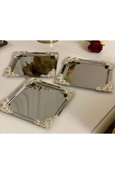 AHİR TİCARET 6'lı Kahve & Çay & Sunum Tepsisi Metal Döküm Gül Model Sade Gümüş