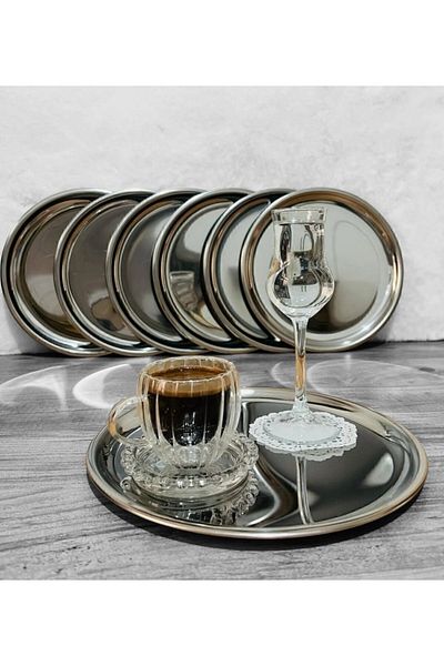 AHİR TİCARET 6-Piece Luxury Stainless Steel 21 cm Round Tea, Coffee, Pastry Serving Tray