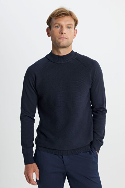 ALTINYILDIZ CLASSICS Navy Blue Patterned Cotton Knitwear Sweater - Half Turtleneck, Standard Fit