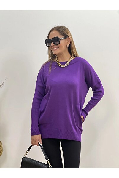 citycenterfashion Kadın Kayık Yaka 2 Cepli 38-44 Beden Soft Akrilik Triko Blu...