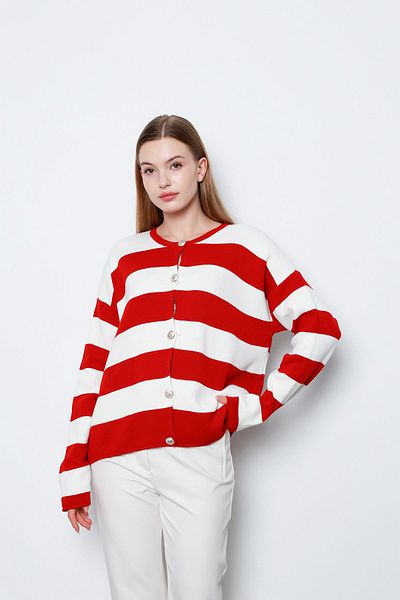 İKLİM LİFE Red Striped Metal Buttoned Cardigan