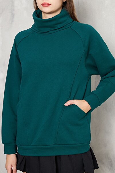 KİM Kİ O Γυναικείο φούτερ Petrol Green - Άνετο γιακά, τσέπες με κορδόνια, 3 κλωστές χωρίς ράστερ