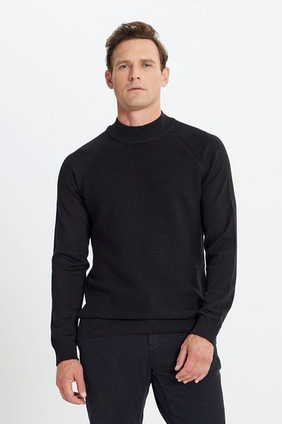 ALTINYILDIZ CLASSICS Pulover negru din tricotaje din bumbac cu model pe jumătate de gât - Potrivire standard