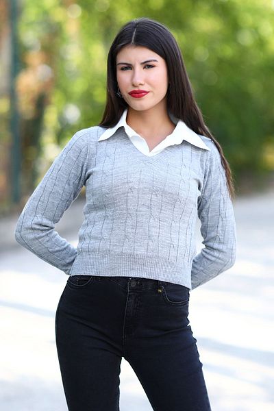 GİYSA Women's Gray Hair Knit Print Shirt Garnished Acrylic Knitwear Blouse - 2489
