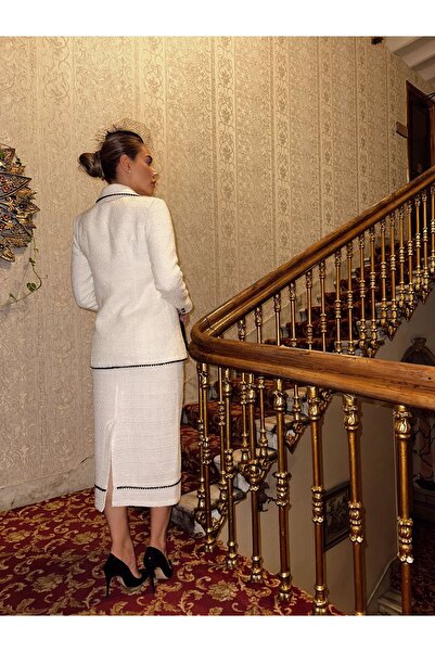 1Moda1Tarz White Tweed Fabric - Pearl Embroidered Women's Jacket and Skirt Set