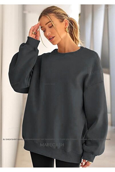 MARECASH Füme Oversize Pamuklu Bisiklet Yaka Basic Sweatshirt