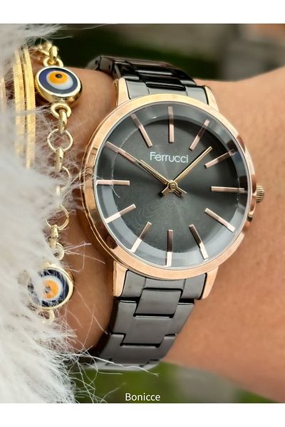 Ferrucci Brand Steel Cord Smoke Color Women's Wrist Watch + Evil Eye Beaded Bracelet
