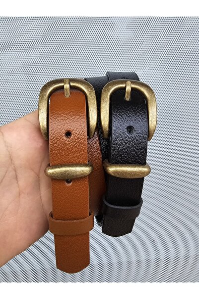 Kemerix Black-Tan 2-Piece Buckle Antique Coated Genuine Leather Belt Set - 100%