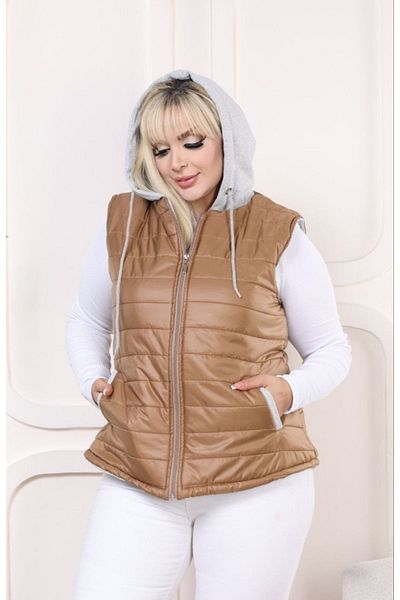KLEERMAKER Plus Size Quilted Puffer Vest with Hood and Pockets - Mink