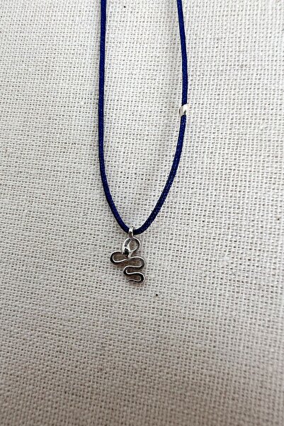 Lacivert İpli Mini Yılan Kolye / 925 Ayar Gümüş