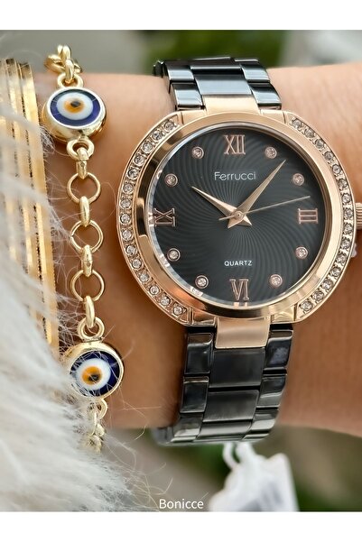 Ferrucci Marka Çelik Kordon Füme Renk Kadın Kol Saati+Nazar Boncuklu Bileklik