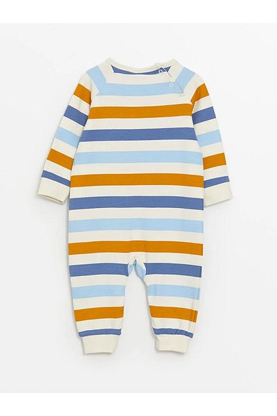 LC Waikiki Cream Striped Crew Neck Color Block Baby Boy Jumpsuit