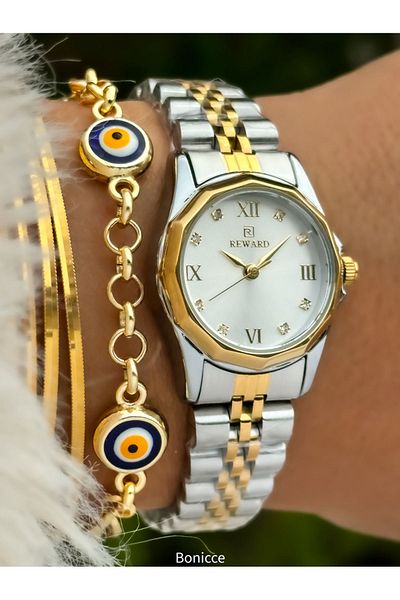 Reward Brand Color Steel Cord Small Mini Case Jewelled Women's Wristwatch+Nazar Beaded Bracelet