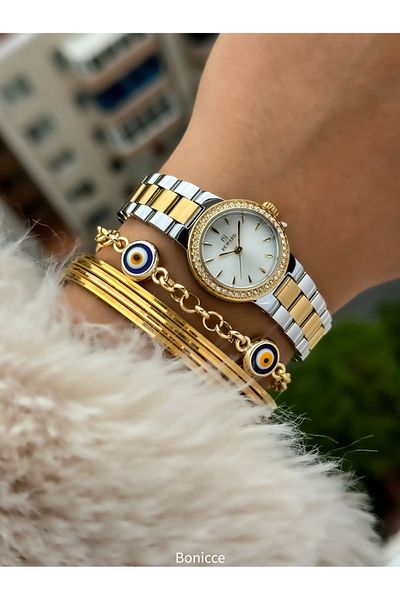 Reward Brand New Model Sar Color Steel Cord Small Mini Case Rhinestoned Women's Wristwatch + Nazar Beaded Bracelet