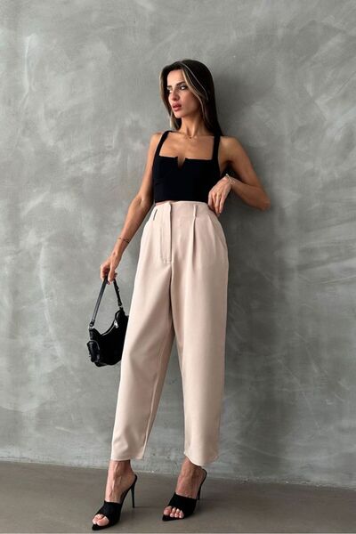Pienk Yüksek Bel Piliseli Kadın Kumaş Pantolon