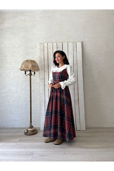 KÜÇÜĞÜM BUTİK Μακρύ καφέ-μπορντό καρό Gilet-fistone γιακά Λευκή μπλούζα (GILLE-BLUZ)
