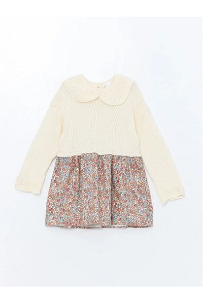 LC Waikiki Lcw Baby - Cream Color, Baby Collar and Long Sleeve Flower Patterned Baby Girl Dress