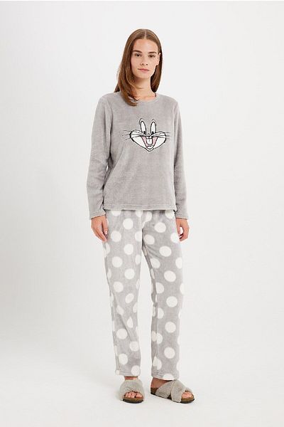 DeFacto Σετ βελούδινες πιτζάμες Looney Tunes - Crew Neck, μακρυμάνικο, επάνω μέρος με στάμπα στο κάτω μέρος