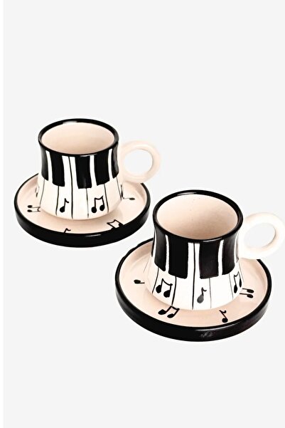 Porsellena 4 Piece Piano Patterned Coffee Cup Set - Handmade Set of 2