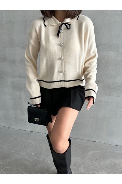 NATUFIAN STORE Black and White Bow Detailed Women's Knitwear Cardigan