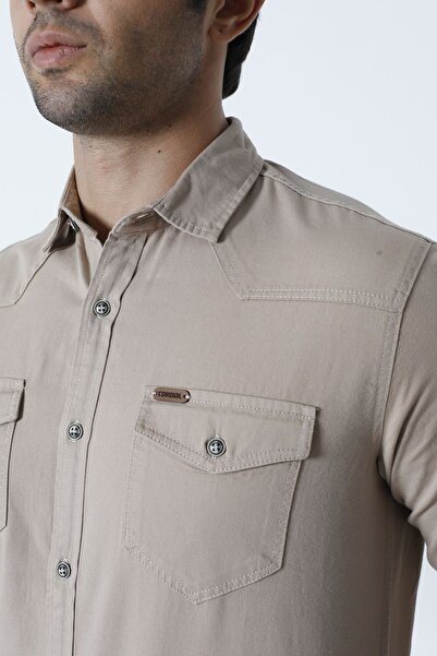 Cordial Ανδρικό βαμβακερό πουκάμισο με κανονική εφαρμογή μπεζ φθινοπωρινό/χειμώνα με διπλή τσέπη