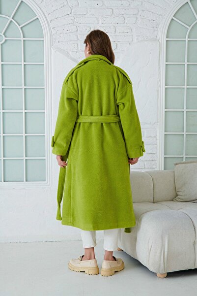 WOMAN VISION Pistáciově zelený midi kabát – dvouřadý límec, pásek, dlouhý rukáv, od ramene, podšitý 9002