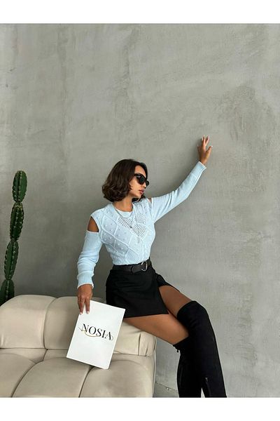 nosia fashion Pulover tricotat cu model tricotat Baby Blue - Femei, detaliu mâneci