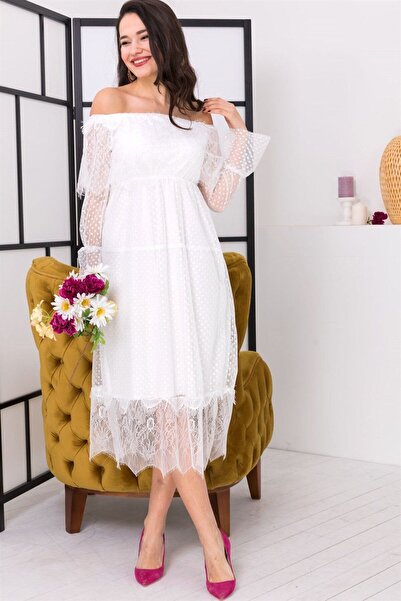 sarebutik Women's White Madonna Collar Large Size Lace Dress
