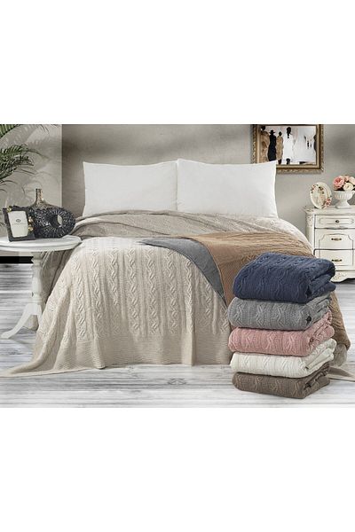 YGT Home Light Beige Moon Knitwear Braided Double Bedspread - Blanket 240X260