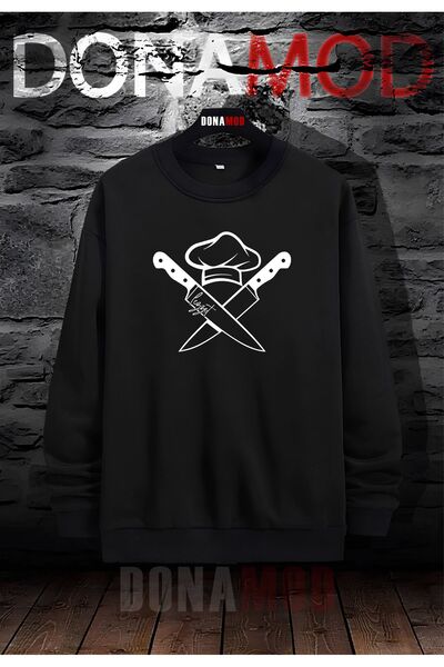 donamod Hanorac negru cu gât de ciclism Chef - Bucătar Mâncare Restaurant Angajat Chelner Cuțit Furculiță Linguriță Aromă