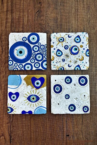 Begoloni Stone Decor مجموعة من 4 كوستر من الحجر الطبيعي المطبوع بخرز عين الشر...