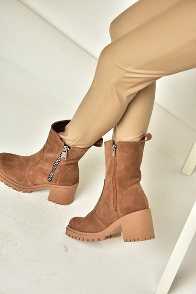 Fox Shoes Τ 654095802   Tan Γυναικείες Μπότες - Γνήσιο Suede και Χοντρό Τακούνι